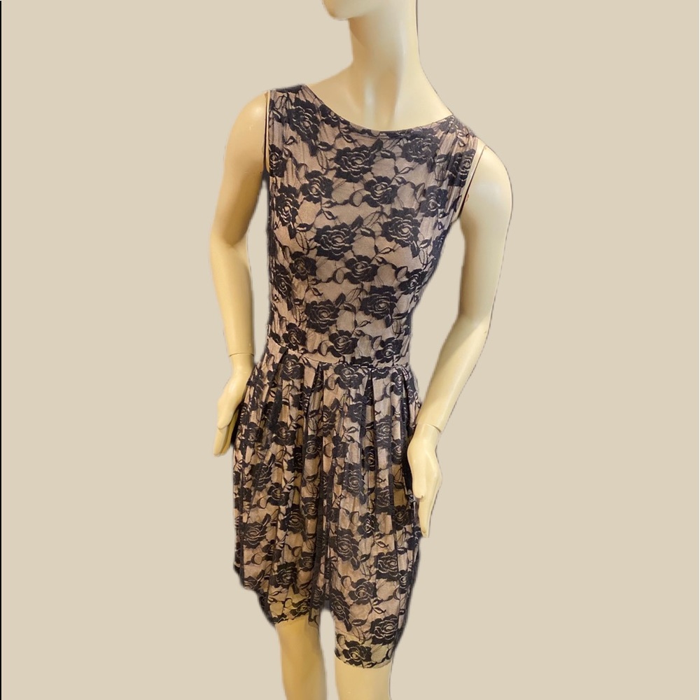 Ladies sleeveless black lace overlay dress.